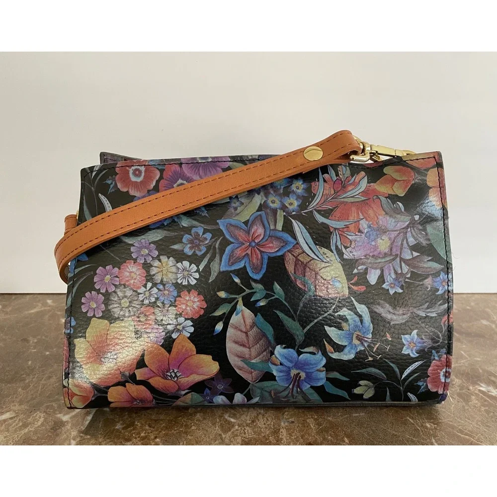 Valentina Floral‎ Print Leather Crossbody Bag Gold Zip Travel Boho Chic Romantic